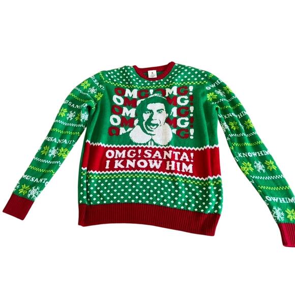 EUC Elf OMG Santa I know him! Christmas sweater red green 2XL cute funny ugly - Picture 1 of 7